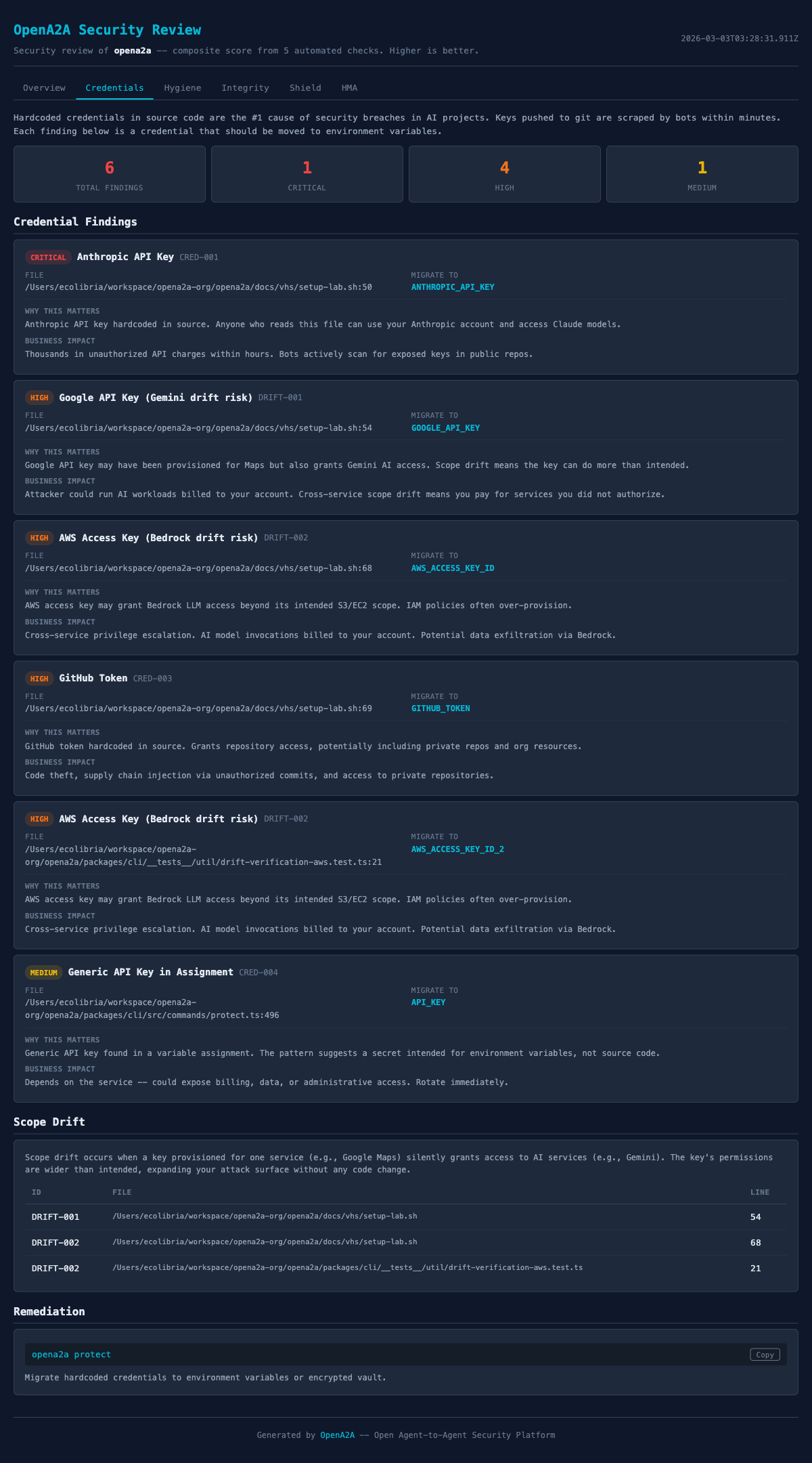 Credential scanning results showing detected API keys and tokens