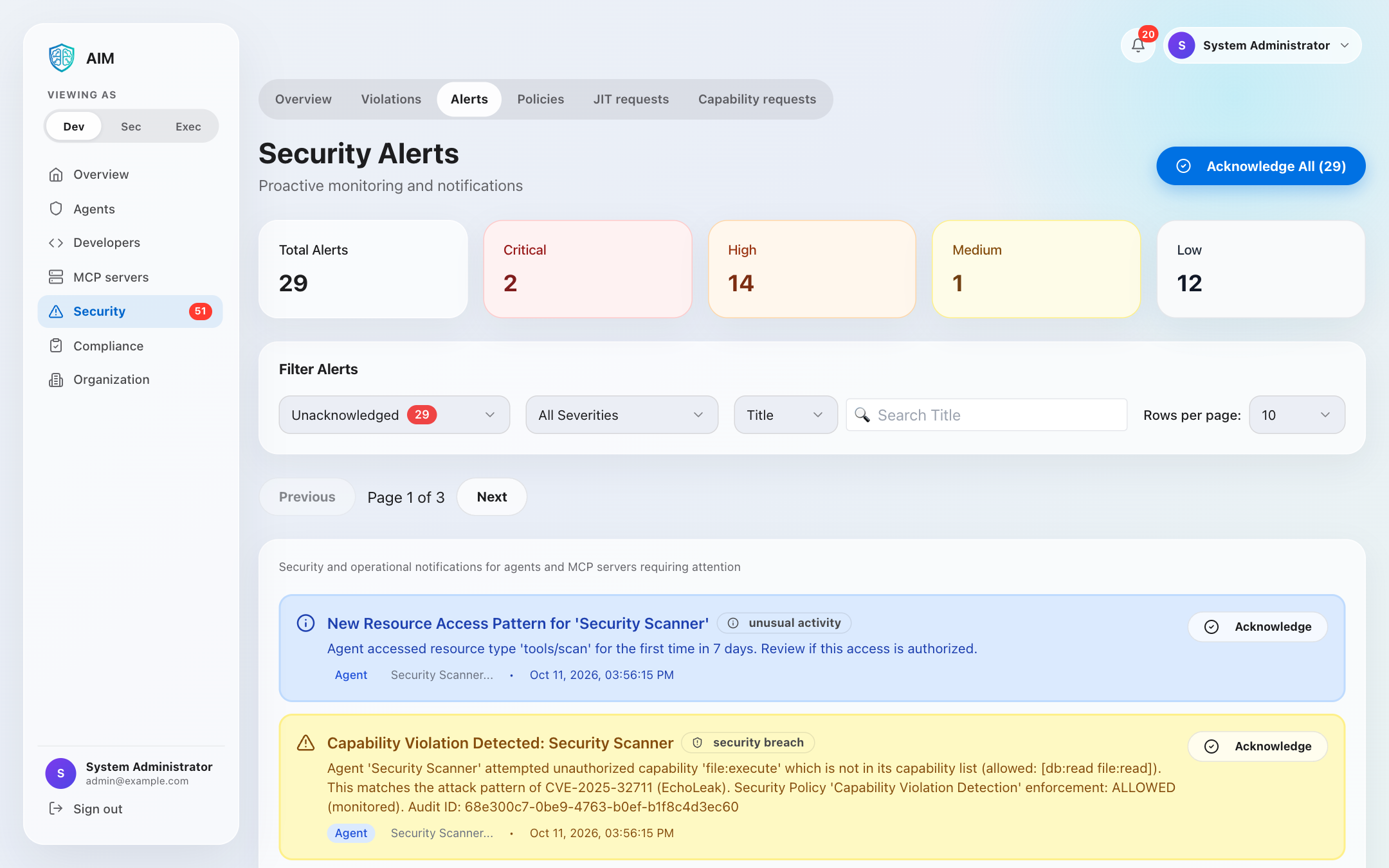 Security Alerts - Severity-based security alerts with acknowledgment workflow