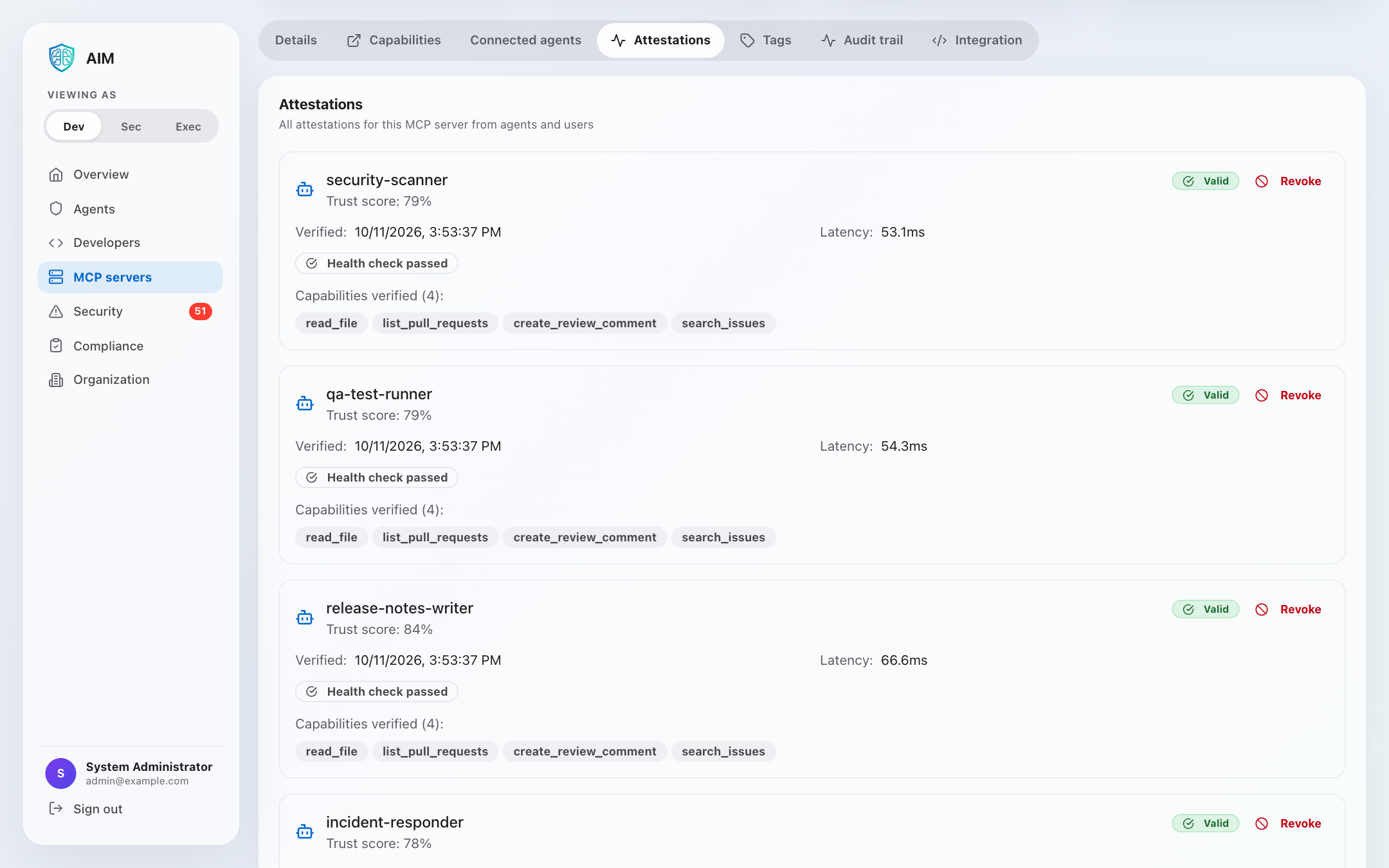 Attestations tab of an MCP server: each agent's signed attestation, with its latency, health check and the capabilities it verified