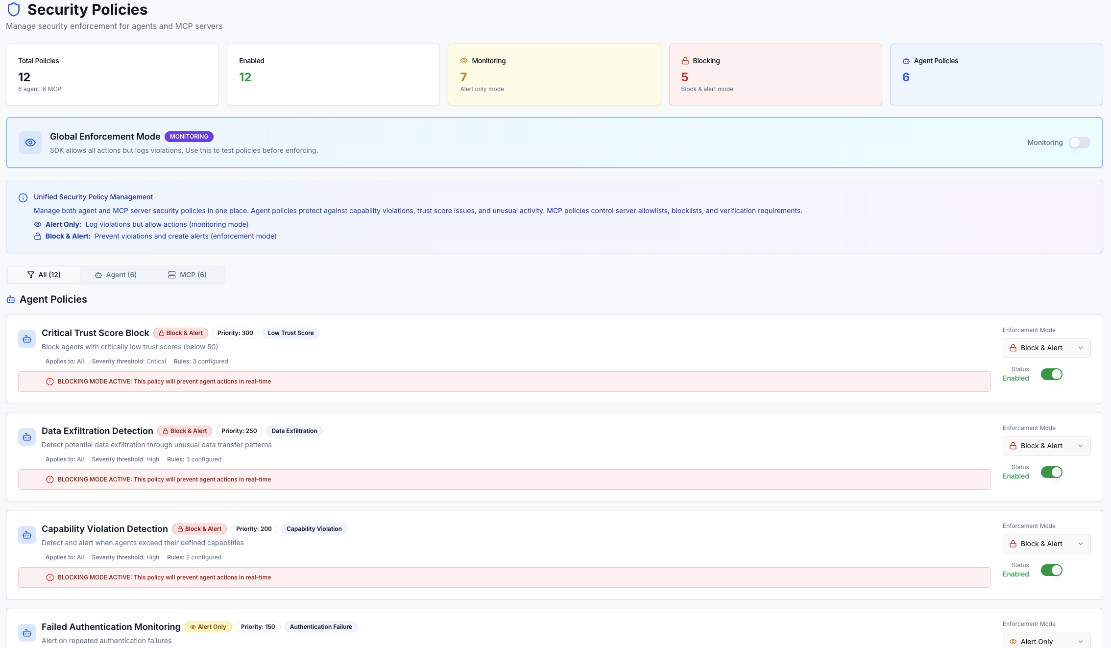 Security Policies - Configure enforcement modes and detection rules