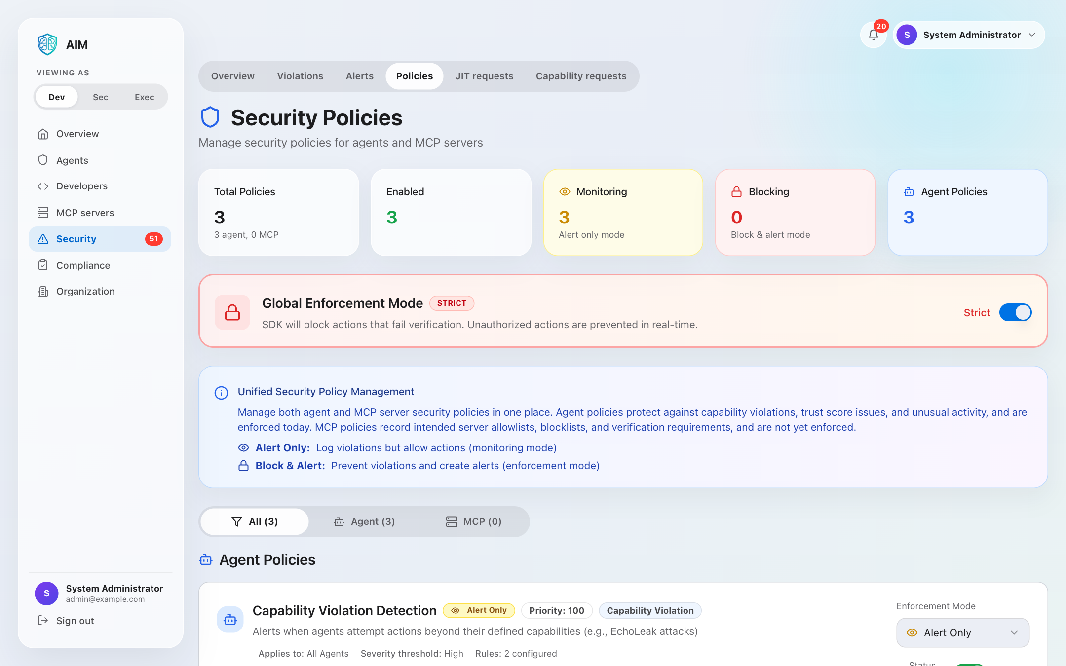 Security Policies - Configure enforcement modes and detection rules