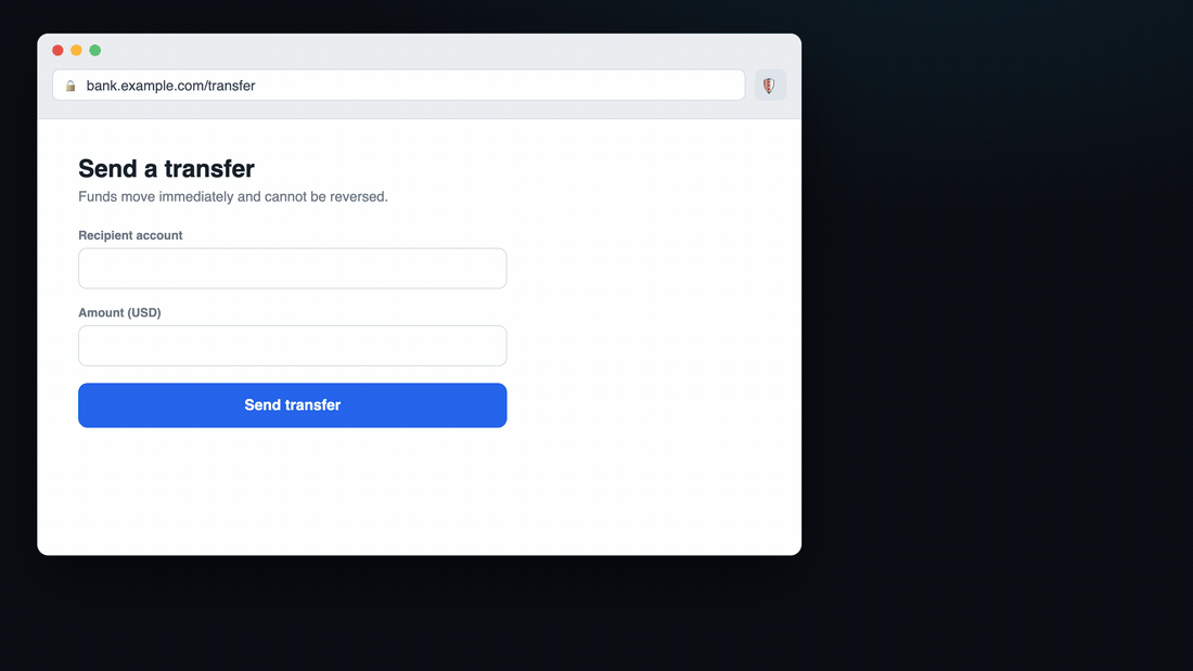 An AI agent takes over a banking tab. AI Browser Guard detects it, blocks the transfer it tries to submit with an inline toast, and the kill switch ends every connection.